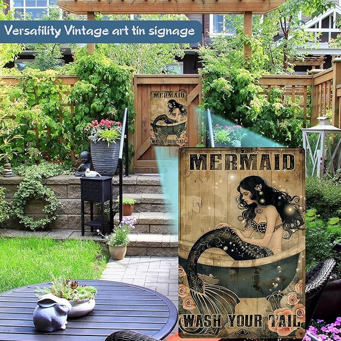 Mermaid Decor Gifts Funny Bathroom Decor Wall Art Coffee Bar Vintage Metal Tin Sign Wash Your Tail Office Home Toilet Signs Wall Decor 8x12 inch