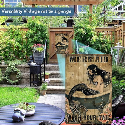 Mermaid Decor Gifts Funny Bathroom Decor Wall Art Coffee Bar Vintage Metal Tin Sign Wash Your Tail Office Home Toilet Signs Wall Decor 8x12 inch