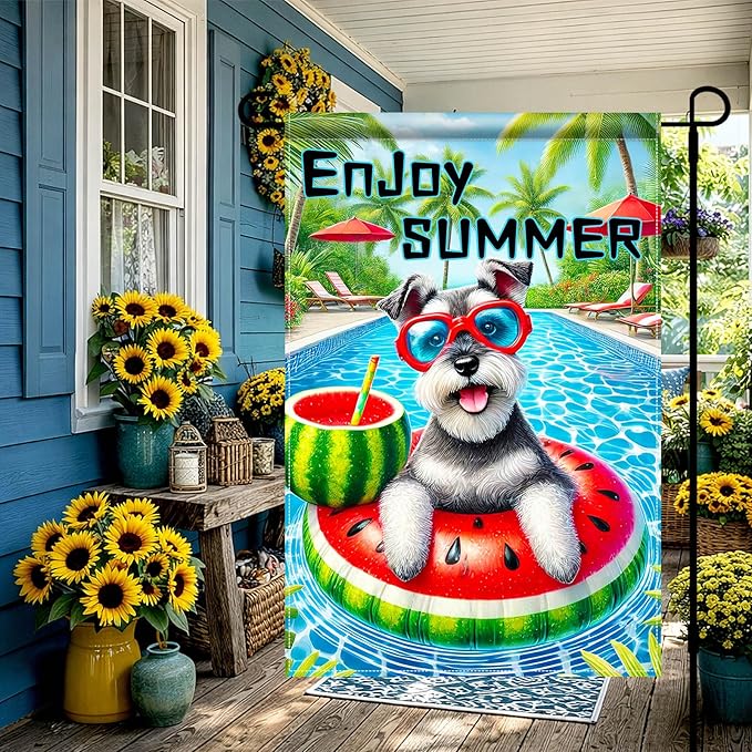 HOMETITUTE Hello Summer Garden Flag Schnauzer Dog 12X18 Inch Print Double Sided Cute Puppy Decorative Yard Flag Banner Poolside Patio Decor Banner Outside Seasonal Holiday Outdoor Decoration
