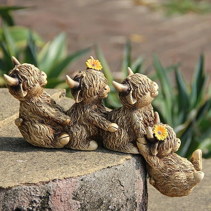 Garden Highland Cow statue for Outdoor Decor,Highland Cow Statue Shelf Sitter,Family Ties 4pc Holding Together Figurine for Outdoor Garden Bookshelf Desk Step Edge Decor,Highland Cow Gifts for Women