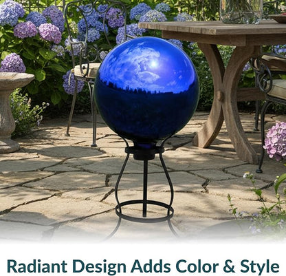Sunnydaze 10-Inch Gazing Ball for Garden - Glass Gazing Globe with Mirrored Stainless Steel Finish - Blue