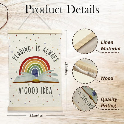 NQDWX Reading Is Always a Good Idea Hanging Flag - Book Lover's Wall Decor for Library Study Room Reading Nook, 12x17 Inches Canvas Banner with Wood Frame. (103)