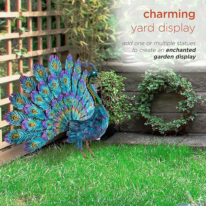 Alpine Corporation 23" Tall Outdoor Metallic Peacock Tail Spread Yard Statue, Vibrant Garden Sculpture for Patio, Lawn, or Entryway, Multicolor