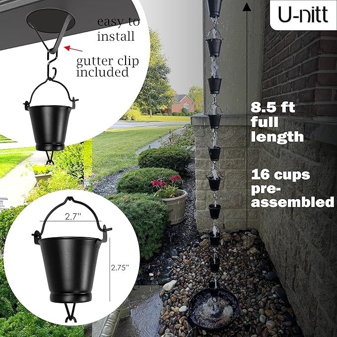 U-nitt Rain Chain Water Collection for Gutters Rainwater Catcher & Diverter, 8.5 FT Chains for Outside Garden, Black Bucket Cups, Roof Downspout, Works with Heavy Rain, w/Gutter Clip for Rainchains