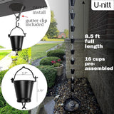 U-nitt Rain Chain Water Collection for Gutters Rainwater Catcher & Diverter, 8.5 FT Chains for Outside Garden, Black Bucket Cups, Roof Downspout, Works with Heavy Rain, w/Gutter Clip for Rainchains