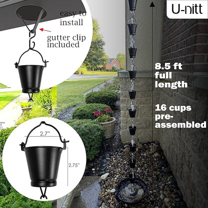 U-nitt Rain Chain Water Collection for Gutters Rainwater Catcher & Diverter, 8.5 FT Chains for Outside Garden, Black Bucket Cups, Roof Downspout, Works with Heavy Rain, w/Gutter Clip for Rainchains