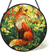 Fox Woodsy Suncatcher Stained Glass Window Hanging Decor Ornaments, Fox Gifts, Rustic Nature Stained Glass Wall Room Decor, Animal Garden Sun Catchers Indoor Window Hanging Wall Art, 7.9x7.9In