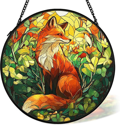 Fox Woodsy Suncatcher Stained Glass Window Hanging Decor Ornaments, Fox Gifts, Rustic Nature Stained Glass Wall Room Decor, Animal Garden Sun Catchers Indoor Window Hanging Wall Art, 7.9x7.9In