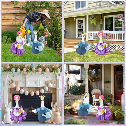 Abbylike 2 Set Spring Porch Goose Outfits Gardener Goose Clothes Purple and Blue for 23" Cement Plastic Geese with Flower Pot and Watering Can Summer Duck Costume for Patio Lawn Outdoor Patio Decor