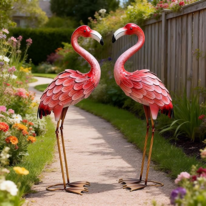 Ratuor Metal Flamingo Yard Decor Garden Statues,Outdoor Pink Flamingo for Backyard Patio Porch Decoration,Valentine's Day,Wedding,Party,Lawn Decorations (2)