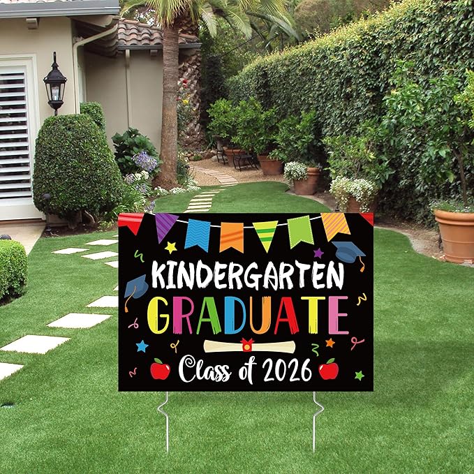 Kindergarten Grad Yard Sign Class of 2026 Preschool Graduate Lawn Sign with Stake School Congrats Graduation Decorations Colorful Graduation Party Favors Supplies Outdoor Photo Booth Props for Kids