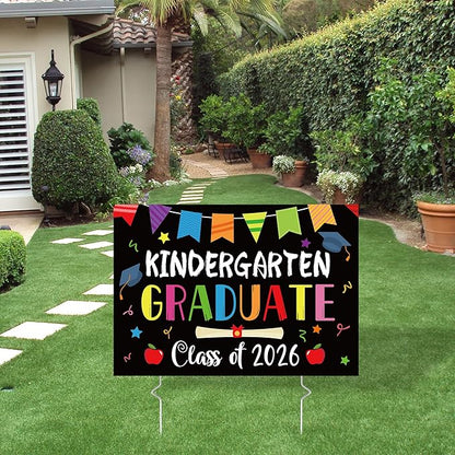 Kindergarten Grad Yard Sign Class of 2026 Preschool Graduate Lawn Sign with Stake School Congrats Graduation Decorations Colorful Graduation Party Favors Supplies Outdoor Photo Booth Props for Kids