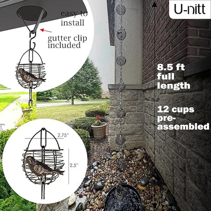 U-nitt Rain Chain Water Collection for Gutters Rainwater Catcher & Diverter, 8.5 FT Chains for Outside Garden, Antique Bird Nest Cups, Roof Downspout, Works with Heavy Rain, Gutter Clip for Rainchains