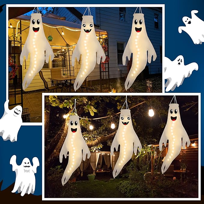 3PCS 43 Inch Halloween Lighted Hanging Ghost Windsocks Hanging Decorations for Tree, Fall LED Flag Wind Socks for Home Yard Outdoor Autumn Decor Party Supplies (Batteries Not Included,No Timer)