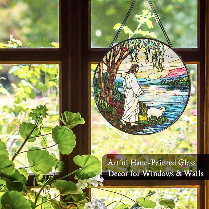 Jesus and Lamb Stained Glass Window Hanging Suncatcher, Christian Willow Tree Sun Catcher Indoor Window Decor, Religious Painted Glass Round Wall Hanging Decorations, 7.8x7.8 in