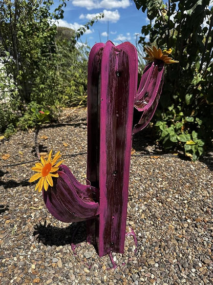 Colorful Metal Saguaro Cactus with Flowers - Handmade Garden Decor (Pink)