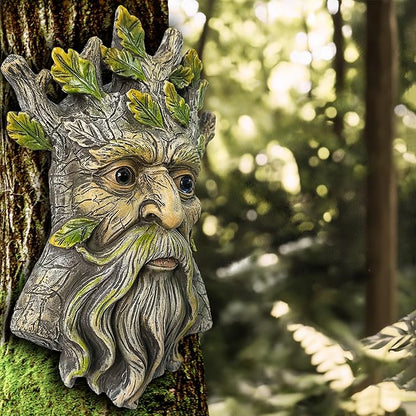 Teaeeno Whimsical Tree Face Garden Decoration, 9.8 in Tree Faces Decor Outdoor Wallmounted Statue Art with Leaf Features, Outdoor Decor Garden Accessory (Nature and Outdoors)