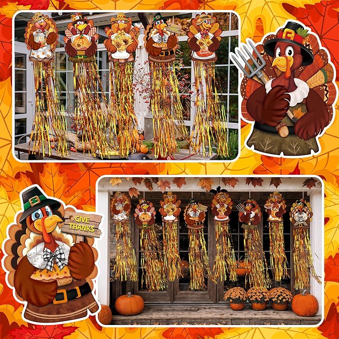 DoubleFill 8 Pcs Thanksgiving Turkey Outdoor Hanging Decorations with Tassels Fall Harvest Yard Decoration Windsocks for Outside 3.3ft Signs for Wall Home Lawn Yard Tree Party Supplies Garden Decor