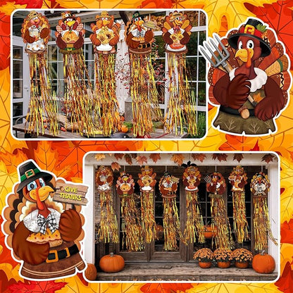 DoubleFill 8 Pcs Thanksgiving Turkey Outdoor Hanging Decorations with Tassels Fall Harvest Yard Decoration Windsocks for Outside 3.3ft Signs for Wall Home Lawn Yard Tree Party Supplies Garden Decor