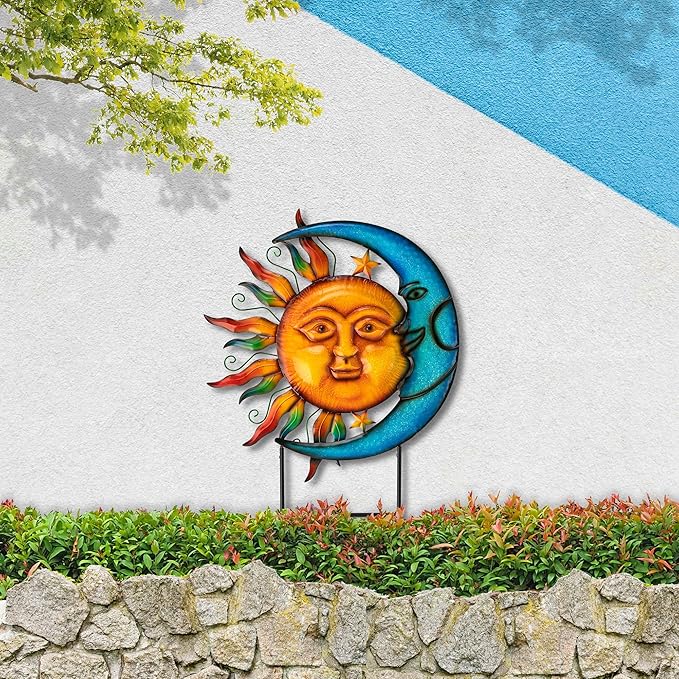 Glitzhome 36.25" H Metal Sun and Moon Garden Stake Decor, Rustic Sun and Moon Yard Art or Antique Wall Decor Outdoor Decorative Garden Decor