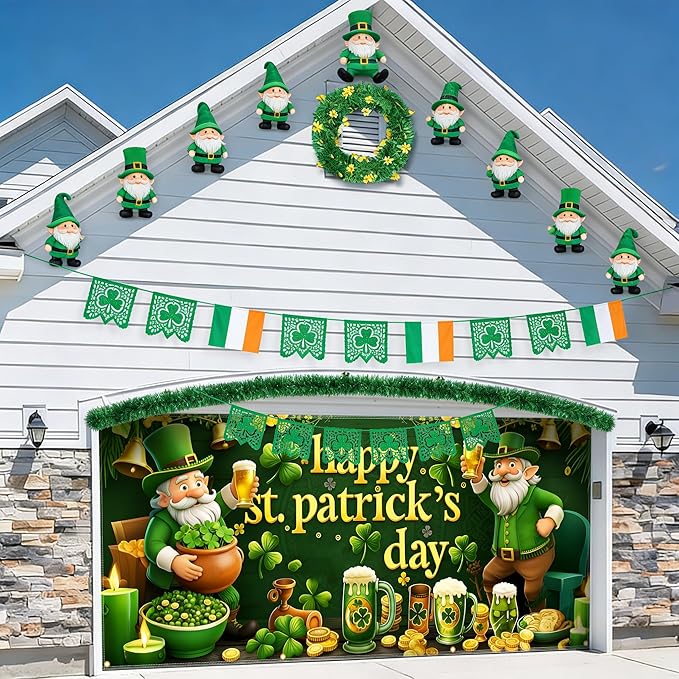St Patrick’s Day Garage Door Banner 157.5x70.9in Large Garage Door Cover Outdoor Shamrock Leprechaun Decorations for House Exterior Party Decor with Grommets Rope