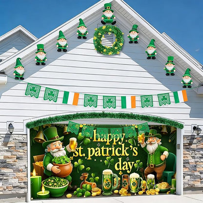St Patrick’s Day Garage Door Banner 157.5x70.9in Large Garage Door Cover Outdoor Shamrock Leprechaun Decorations for House Exterior Party Decor with Grommets Rope