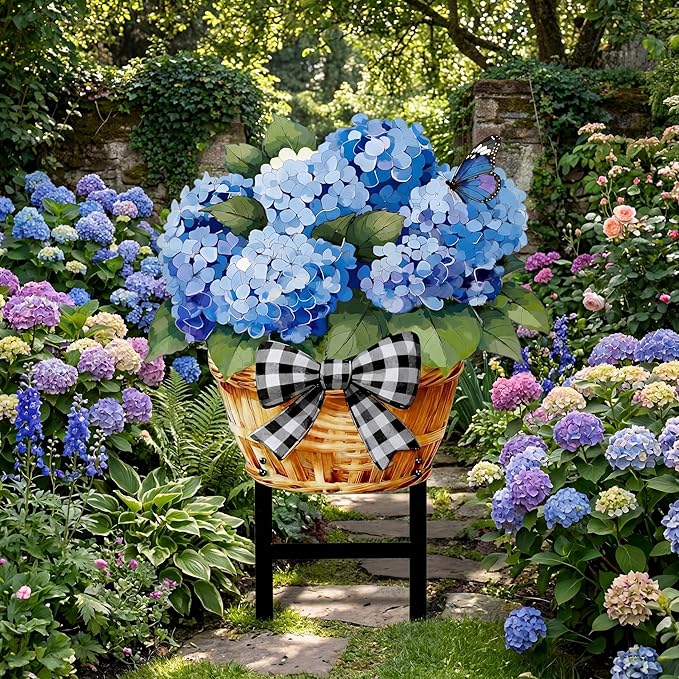 1 Pcs Spring Metal Hydrangea Garden Stakes Decor 22 Inch Decorative Purple Hydrangea Yard Stake Outdoor Floral Decor Metal Garden Art Ornaments for Patio Porch Lawn Backyard