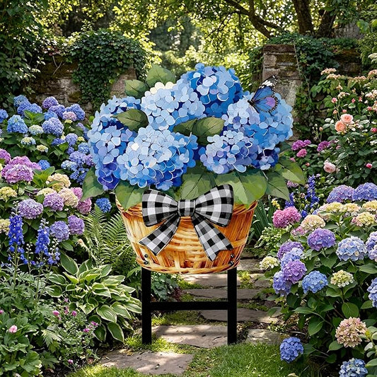 1 Pcs Spring Metal Hydrangea Garden Stakes Decor 22 Inch Decorative Purple Hydrangea Yard Stake Outdoor Floral Decor Metal Garden Art Ornaments for Patio Porch Lawn Backyard