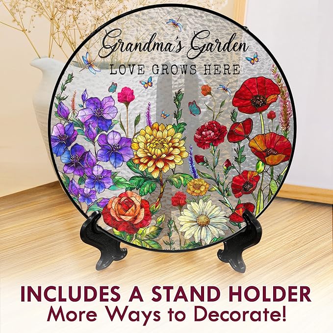 FLAGWIX Grandma Gifts - Grandmas Garden Stained Glass Window Hanging with Base 8 in - Mothers Day Decorations Nana Gigi Gifts for Grandma, Sun Catchers Indoor Window for Home Garden Decor