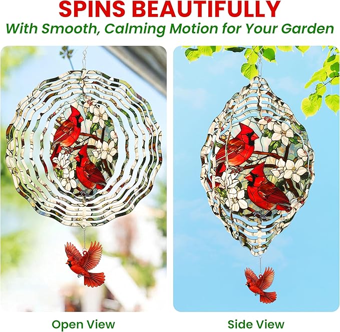 FLAGWIX Cardinal Gifts for Women Men - Cardinal Decor 3D Stainless Steel Wind Spinners Outdoor 12 in - Garden Spinners Outdoor, Cardinals Wind Spinner for Garden Decor, Gardening Gifts for Mom Grandma