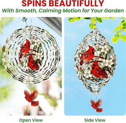 FLAGWIX Cardinal Gifts for Women Men - Cardinal Decor 3D Stainless Steel Wind Spinners Outdoor 12 in - Garden Spinners Outdoor, Cardinals Wind Spinner for Garden Decor, Gardening Gifts for Mom Grandma