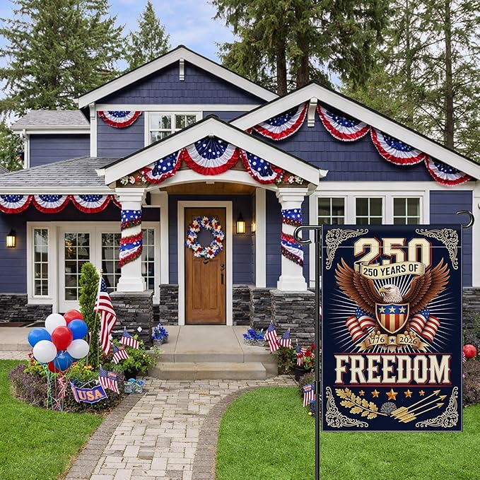 250 Anniversary USA Garden Flag, 4th of July Garden Flag America Patriotic Banner 250 Years of Freedom Yard Sign Eagle Design Double-Sided Waterproof 1776-2026 Commemorative Flag 12x18 Inch