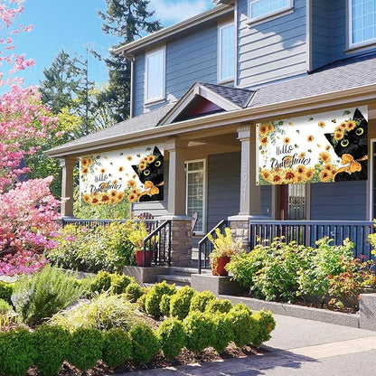 SENSEVEN Spring Summer Sunflowers Black Cat Flags for Outside 3x5 Ft, Summer Bees Yard Flag, Cute Kitten Hello Sunshine Floral Flag Seasonal Welcome Outdoor Banner for Porch Farmhouse Decor