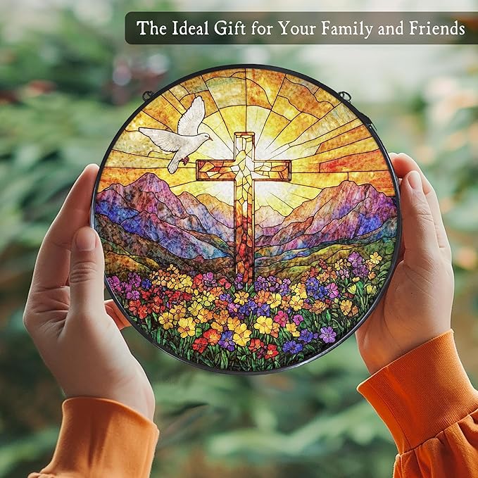 Cross Wildflowers Stained Glass Window Hanging Suncatcher, Christian Dove Sunset Sun Catcher Indoor Window Decor Gifts, Religious Painted Glass Round Wall Hanging Decorations 7.8x7.8 in