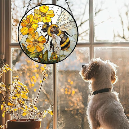 Stained Glass Window Hanging - Yellow Bees Gathering Flowers Sun Catcher for Door Garden Home Decor Cute Suncatcher Christmas Mother's Day Birthday Gifts for Women Men Mom Nana 11.8 in