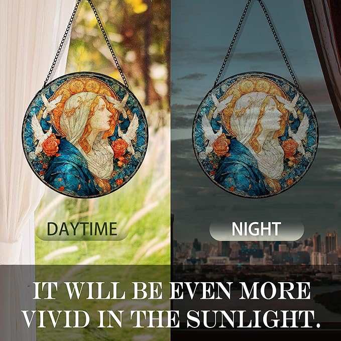 Christian Virgin Mary Suncatcher Garden Stained Glass Window Hanging, Our Lady of Grace Sun Catchers Indoor Window Glass Round Wall Decor, Religious Wall Art Hanging Decorations, ＂7.8x7.8＂