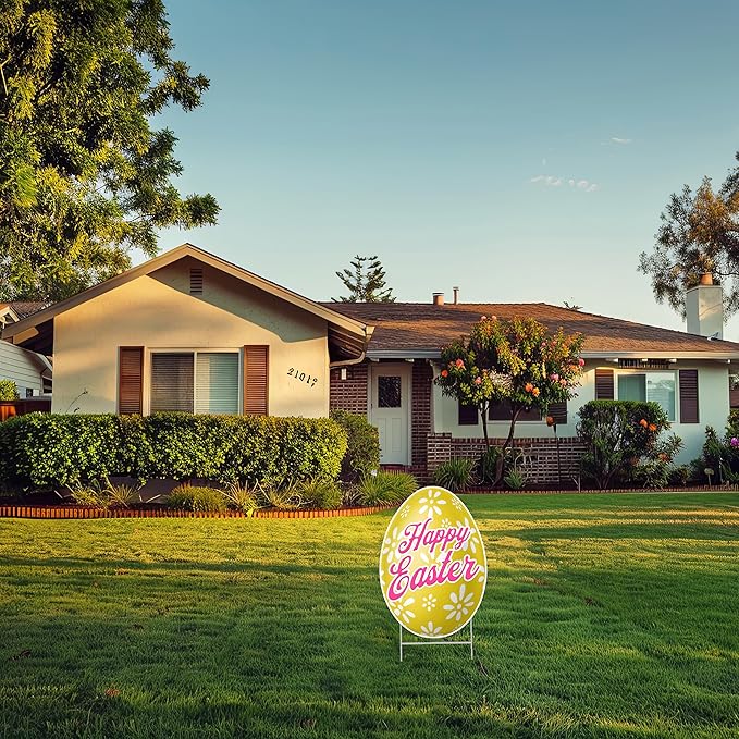Happy Easter Classic Yard Sign Home Decor Lawn Decoration With Stakes Easter Egg (Yellow)