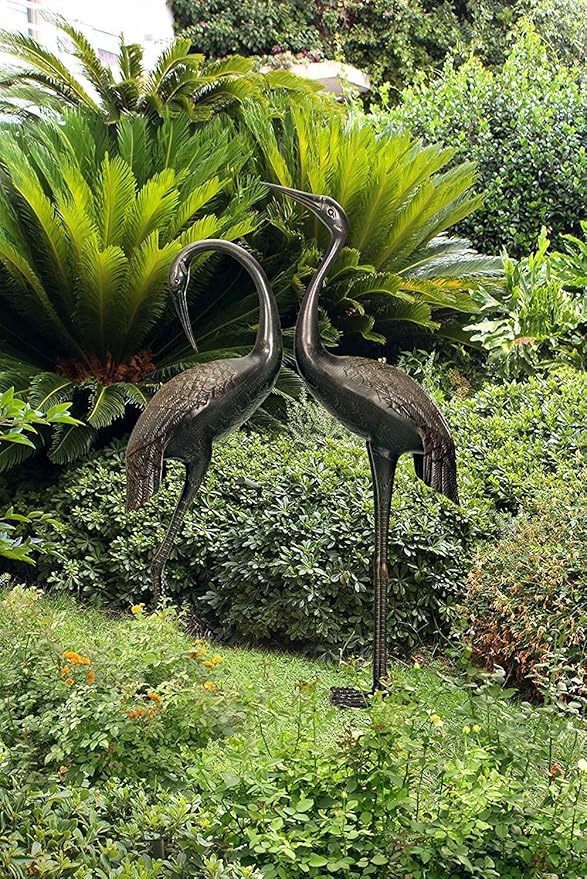 Westcharm Cast Aluminum Cranes for Yard Garden Sculpture Pair Statue - Upright and Preening Standing Crane Heron Couple Sculpture Set, Bronze