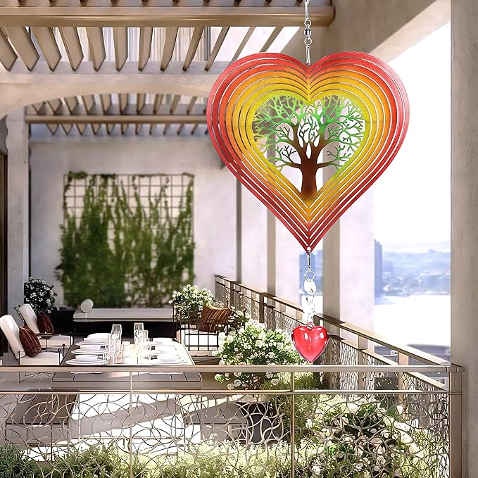 3D Heart Shaped Wind Spinner, 10"x7" Stainless Steel Outdoor with Tree of Life Design, Waterproof Colorful Hanging Wind Rotator with Soothing Bell, Decorative Garden Yard Patio Art Gift