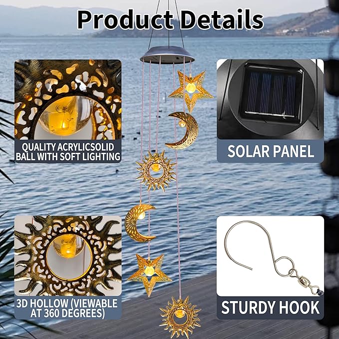 2 Pack Solar Wind Chimes for Outside Lights Sun Moon Star Outdoor Hanging Decor Warm Lights Prefert Gifts for Mom Wife Outdoor Windchimes for Garden Yard Patio Christmas Birthday Mothers Day