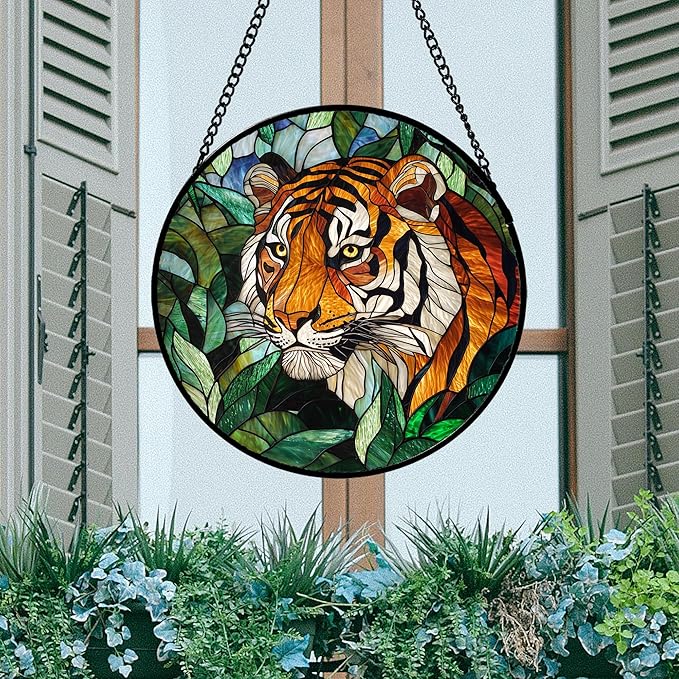 Stained Glass Window Hanging, Fierce Tiger Sun Catcher for Door Home Decor Wild Animals Suncatcher Christmas Mother's Day Birthday Gifts for Women Men Mom and Nana 11.8 in