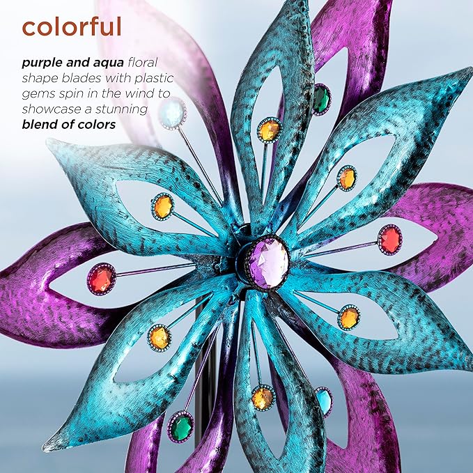 Alpine Corporation 64" Tall Outdoor Floral Windmill Stake with Gems Kinetic Spinner, Purple and Aqua