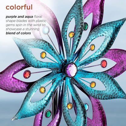 Alpine Corporation 64" Tall Outdoor Floral Windmill Stake with Gems Kinetic Spinner, Purple and Aqua