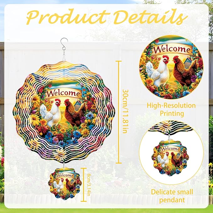 Chicken Wind Spinner Outdoor, Farmhouse Gift for Mom Women, Hanging Metal Wind Catcher with 3" Rooster Center Pendant, 12" 3D Stainless Steel Kinetic Art for Garden Yard