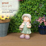 Alpine Corporation QWR1456 Indoor/Outdoor Little Girl with Flower Basket Garden Statue, Playful Child Statue for Yard, 15" H, Green