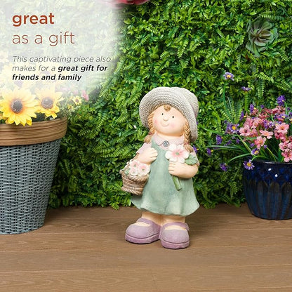 Alpine Corporation QWR1456 Indoor/Outdoor Little Girl with Flower Basket Garden Statue, Playful Child Statue for Yard, 15" H, Green