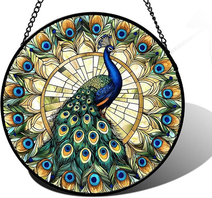 DASTOLL Stained Glass Window Hanging - Retro Peacock Decoration Suncatcher for Door Garden Home Bird Feather Sun Catchers Christmas Mother's Day Birthday Gifts for Women Men Mom Nana Friend 11.8 in