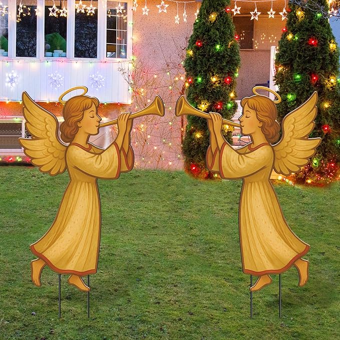 2 Pack Christmas Yard Stakes Metal Stakes 3D Boy and Girl Yard Sign Christmas Outdoor Decorations for Outside Holiday Xmas Winter Ornament Lawn Pathway(Annunciation Angel)