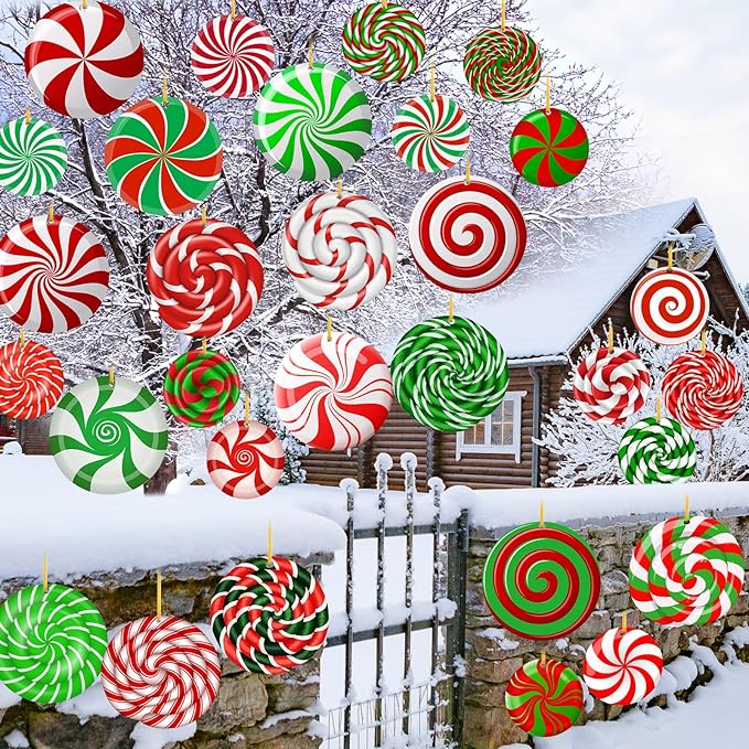 30 Pieces Outdoor Double Sided Lawn Decorations Christmas Large Candy Yard Decorations Plastic Outdoor Holiday and Christmas Hanging Porch and Tree Yard Lawn for Xmas Decor