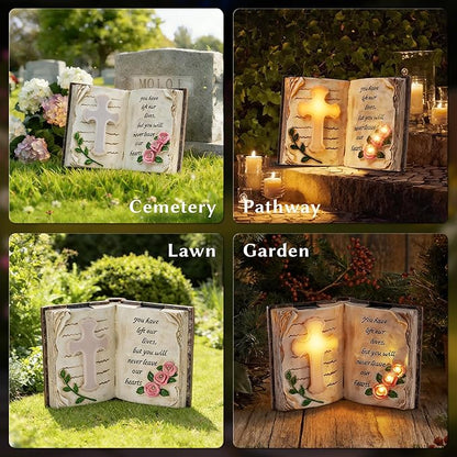 KARTOOSH Solar Bible Cross Garden Statue, Memorial Cross Flower Light with Stakes, Grave Decoration Gift for Cemetery Yard Lawn Patio Pathway Outdoor Decor